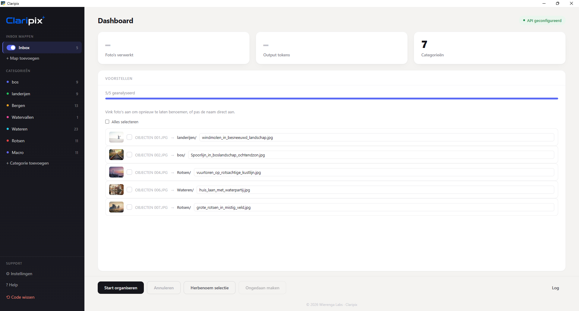 Werkelijke Claripix-interface voor Windows met dashboard en categorisatievoorstellen