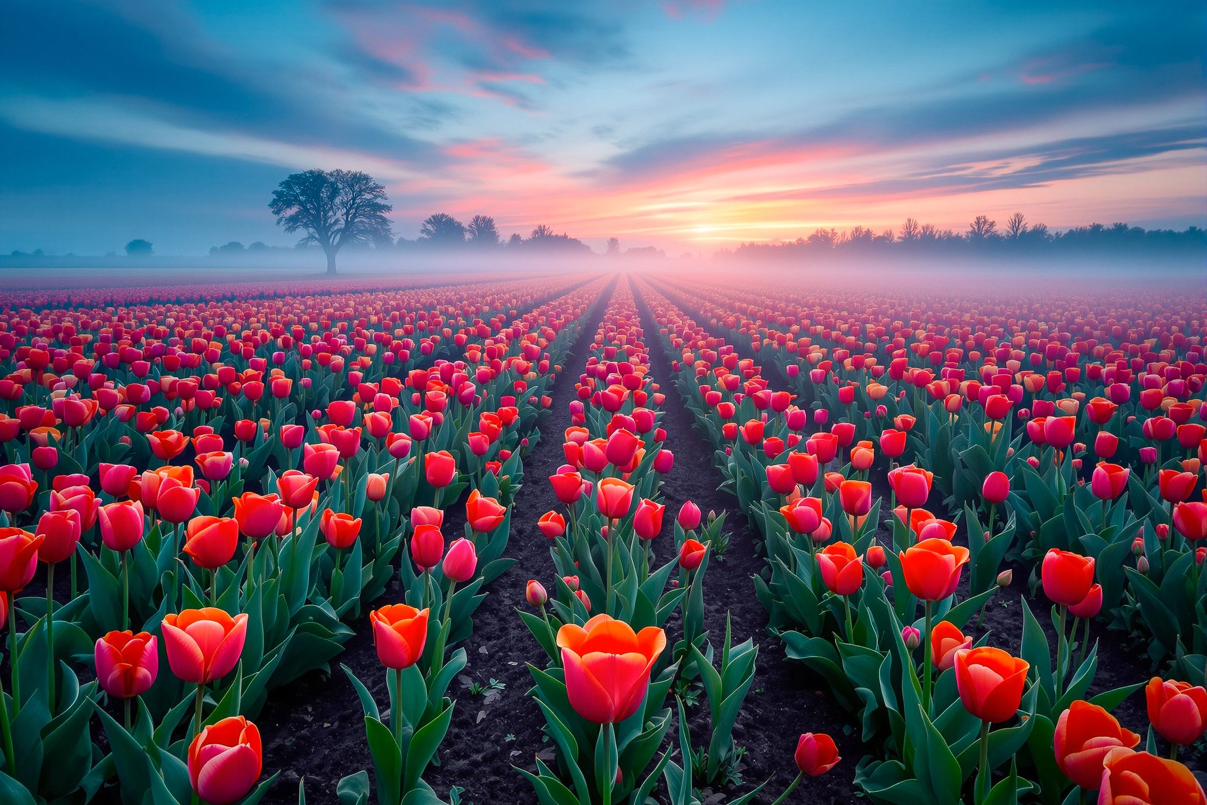 Tulpenveld bij zonsopgang